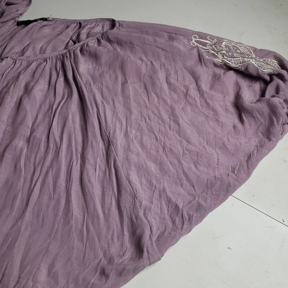 Gemstone Boat Neck Embroidered Lantern Long Sleeves Blouse Top Size M Bohemian